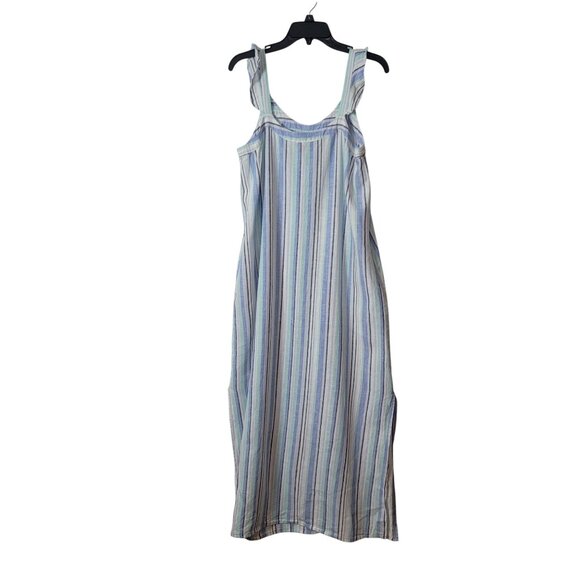 VINCE CAMUTO LINEN STRIPED RUFFLE STRAP DRESS SLEEVELESS MIDI AQUA ICE  Pockets - Picture 7 of 12